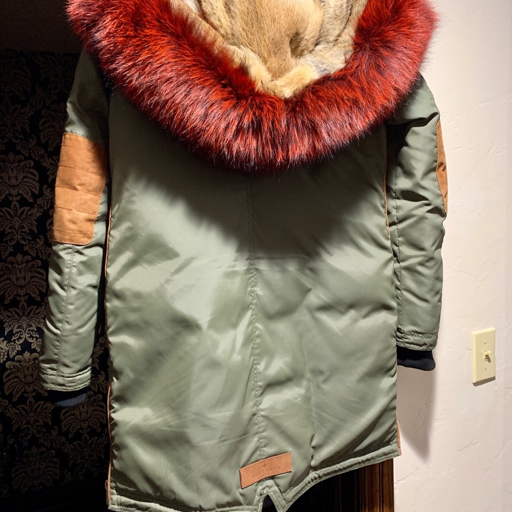 Exc Cond. Nicole Benisti Red Fur hood Olive Puffer luxury Coat szM (mid thigh) - Picture 5 of 8